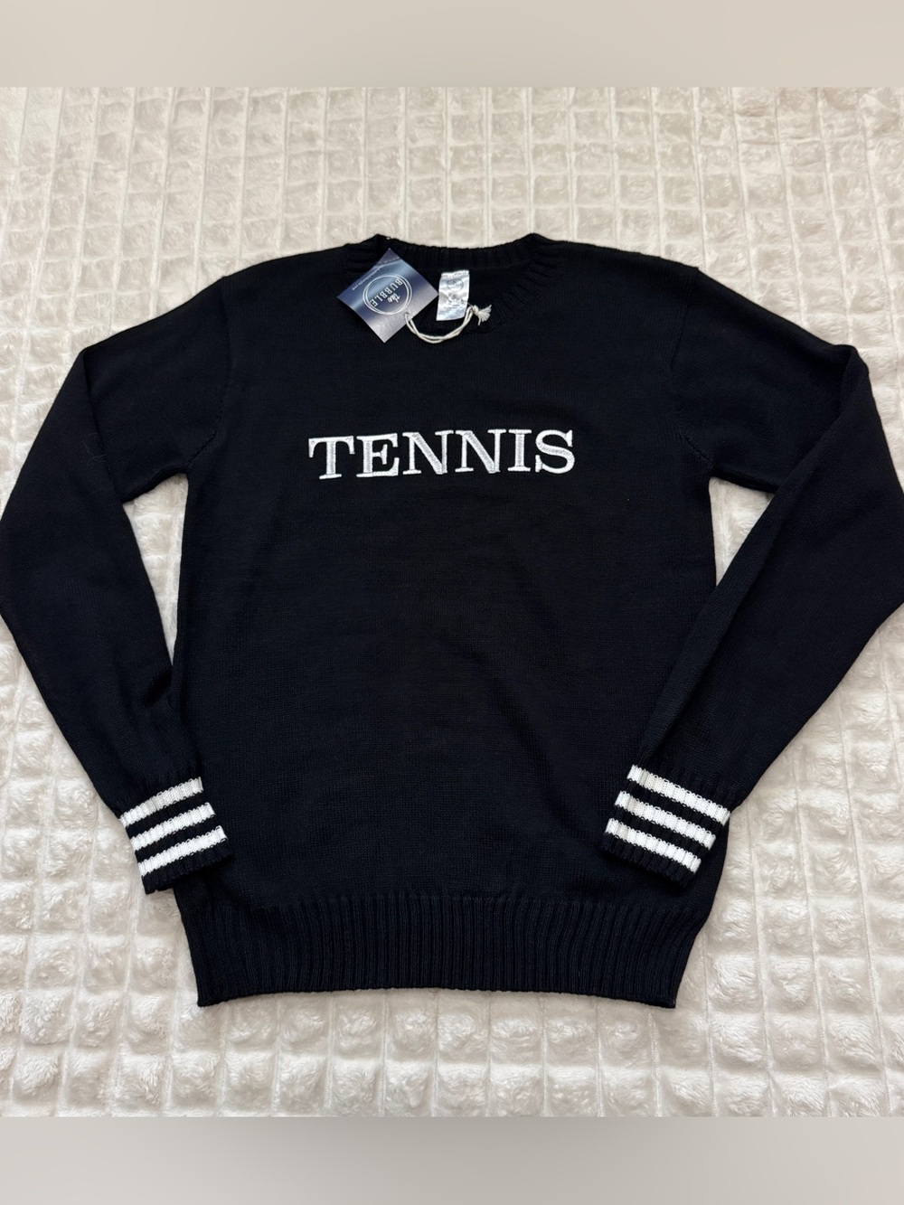 NEW The Bubble Black Tennis Embroiered Crewneck Sweater ~ Preppy Country‎ Club